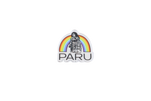 Load image into Gallery viewer, PARU acrylic pin with mascot and rainbow behind. PARU logo beneath.